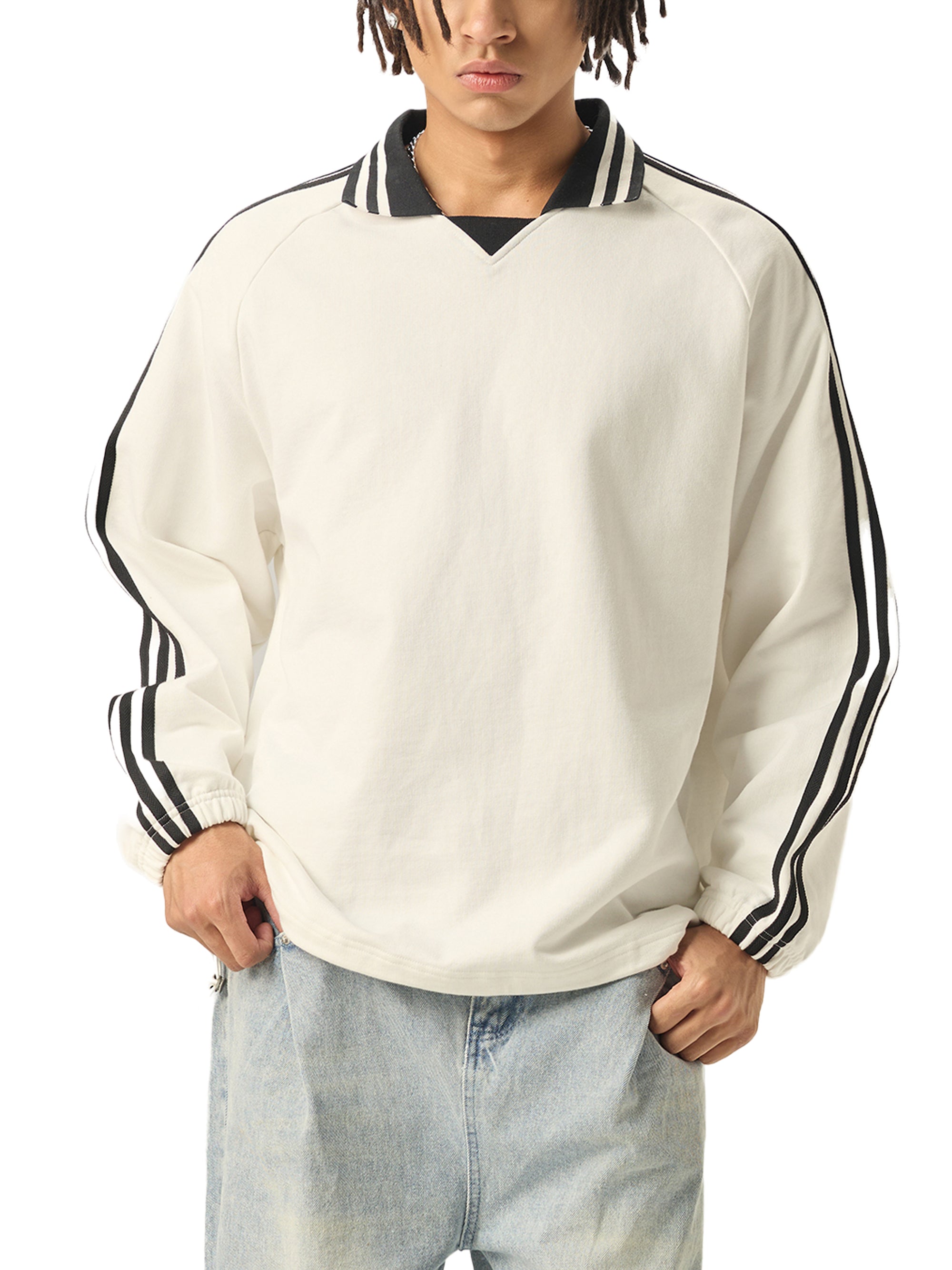 SPIRITUAL GANGSTAR CONTRAST STRIPED LAPEL COLLAR SWEATSHIRT
